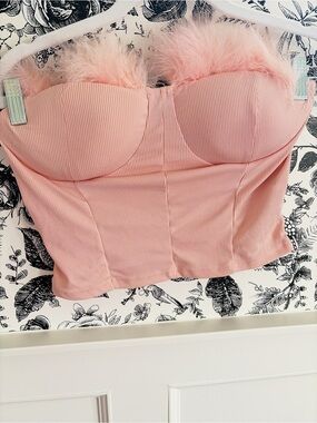 SHEIN Blush Pink Ribbed Bustier Crop Top with Feather Trim